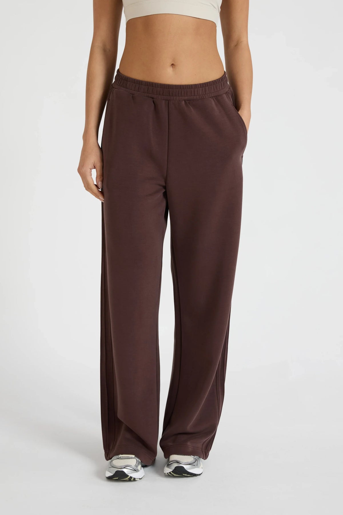 Image of Activewear. Product name - Soft Luxury Pin Tuck Wide Leg Track Pant in Espresso colour by brand - All Fenix
