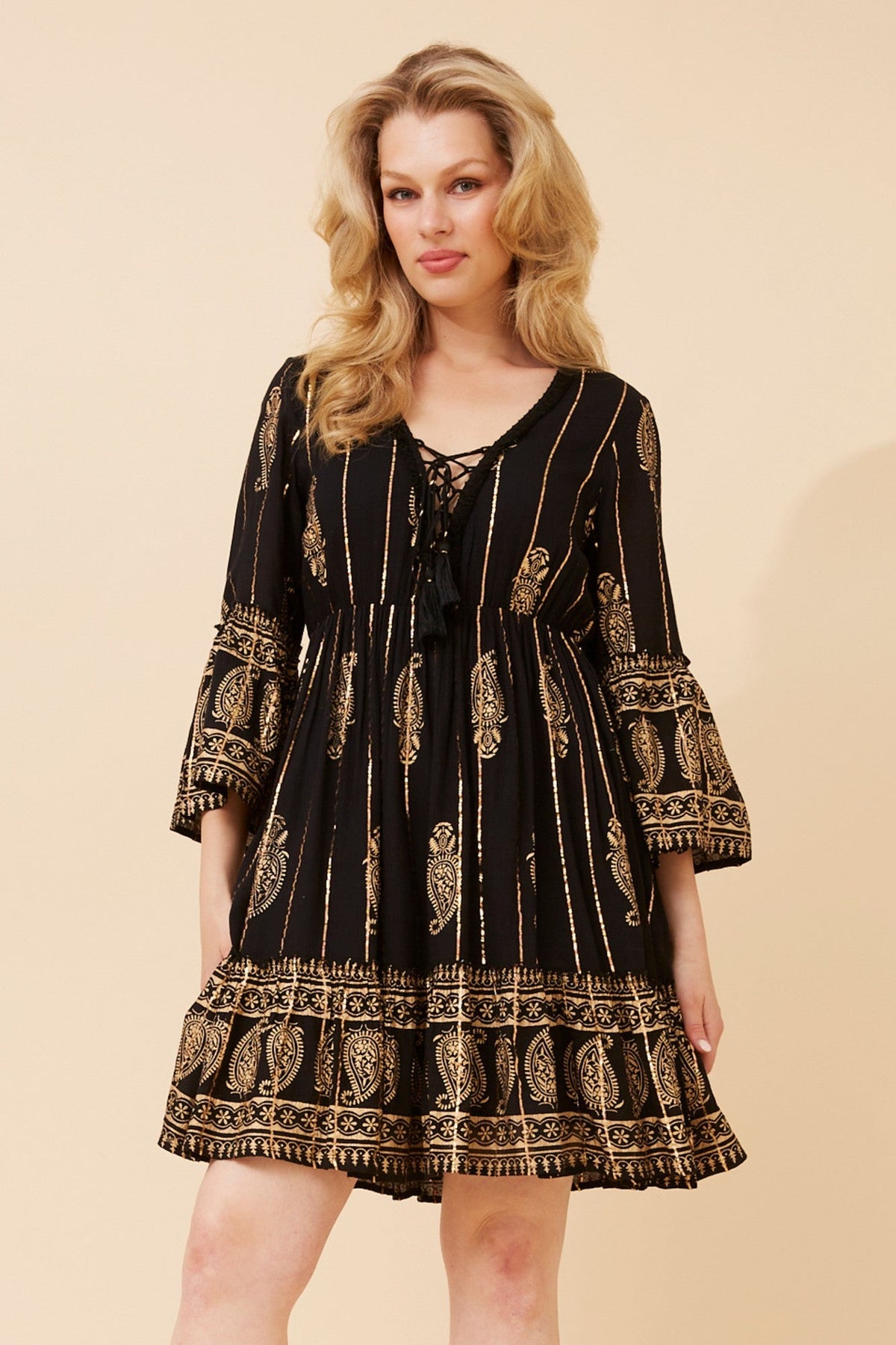 Image of Dresses. Product name - GEETA FOIL PRINT DRESS in Black colour by brand - MYSTIC MONSOON