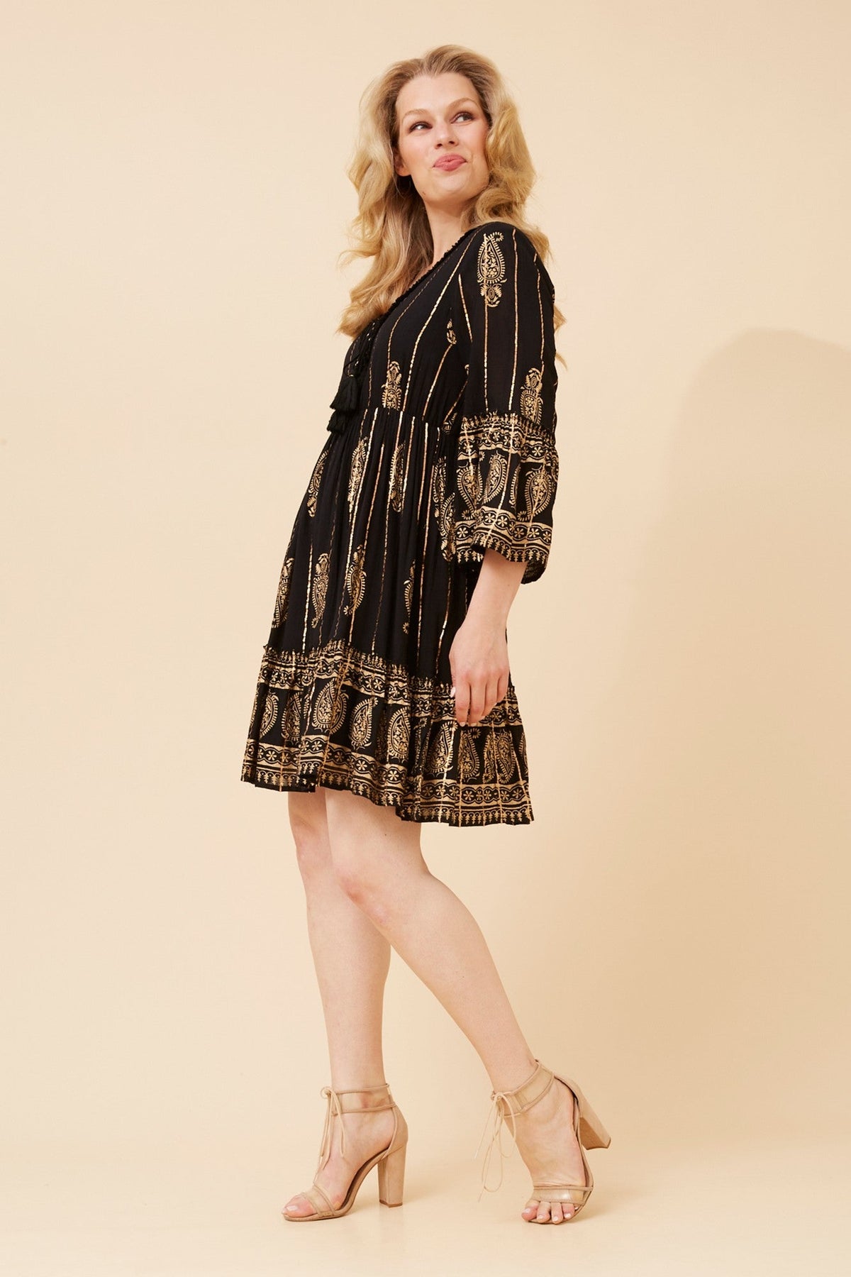 MYSTIC MONSOON GEETA FOIL PRINT DRESS (Black)