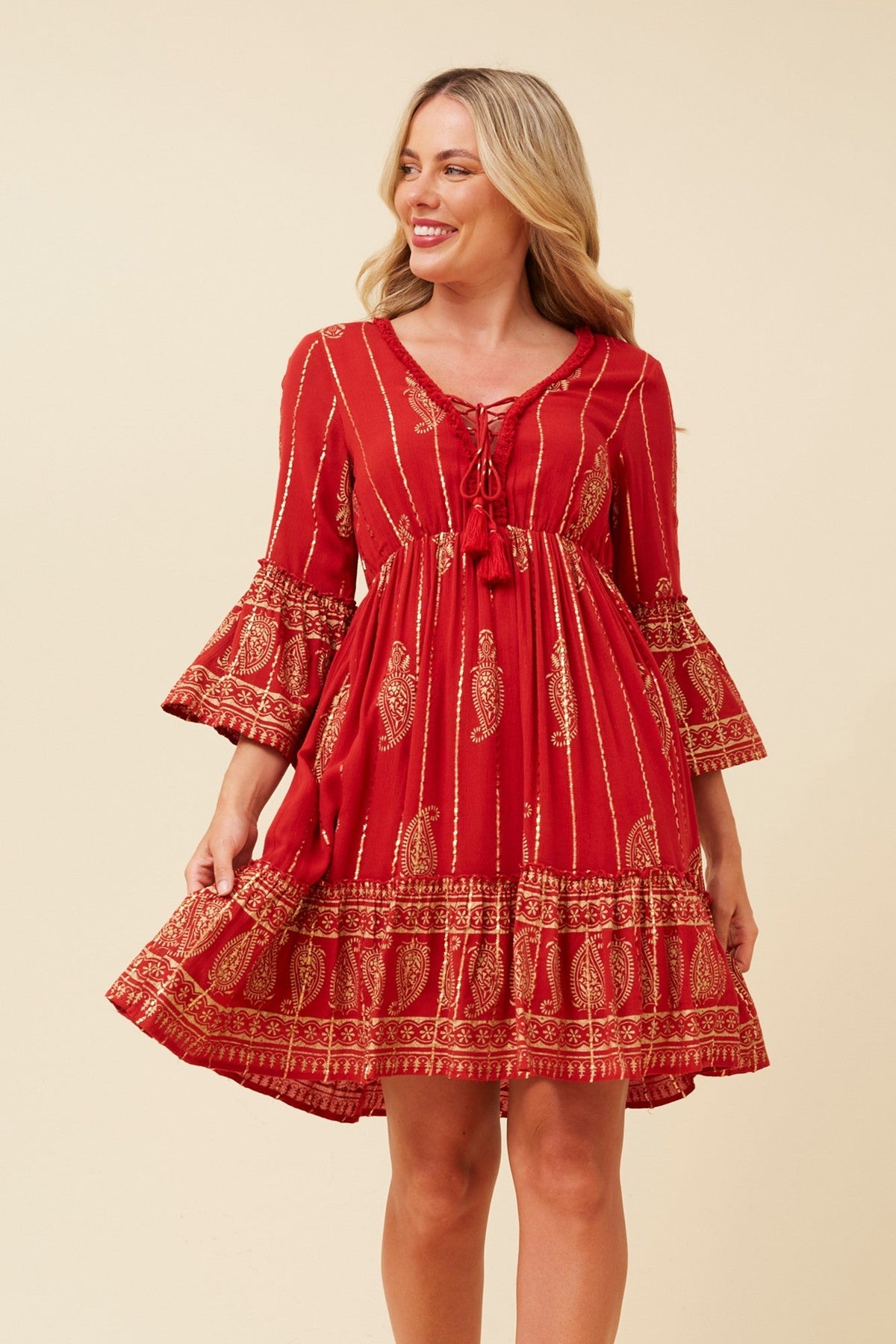 Image of Dresses. Product name - GEETA FOIL PRINT DRESS in Rich Red colour by brand - MYSTIC MONSOON