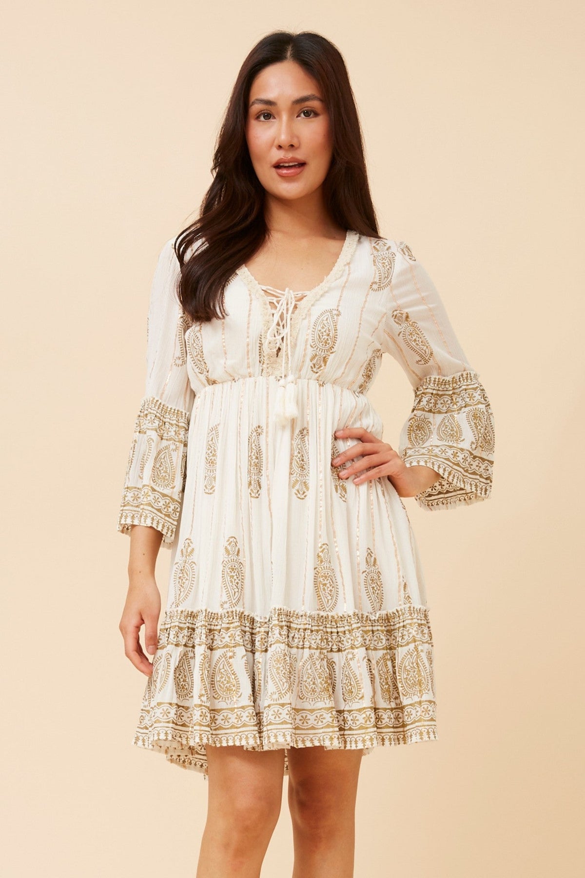 Image of Dresses. Product name - GEETA FOIL PRINT DRESS in White colour by brand - MYSTIC MONSOON