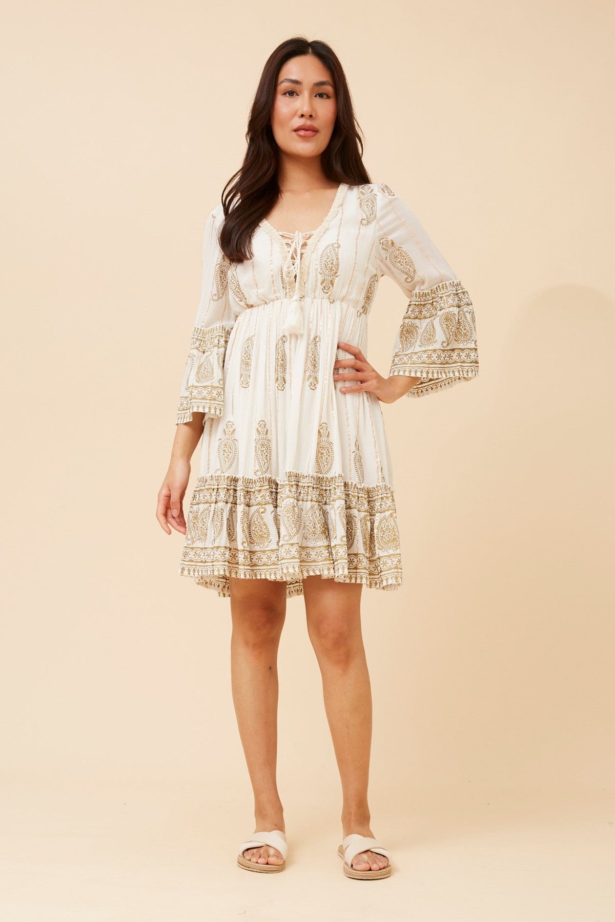 MYSTIC MONSOON GEETA FOIL PRINT DRESS (White)