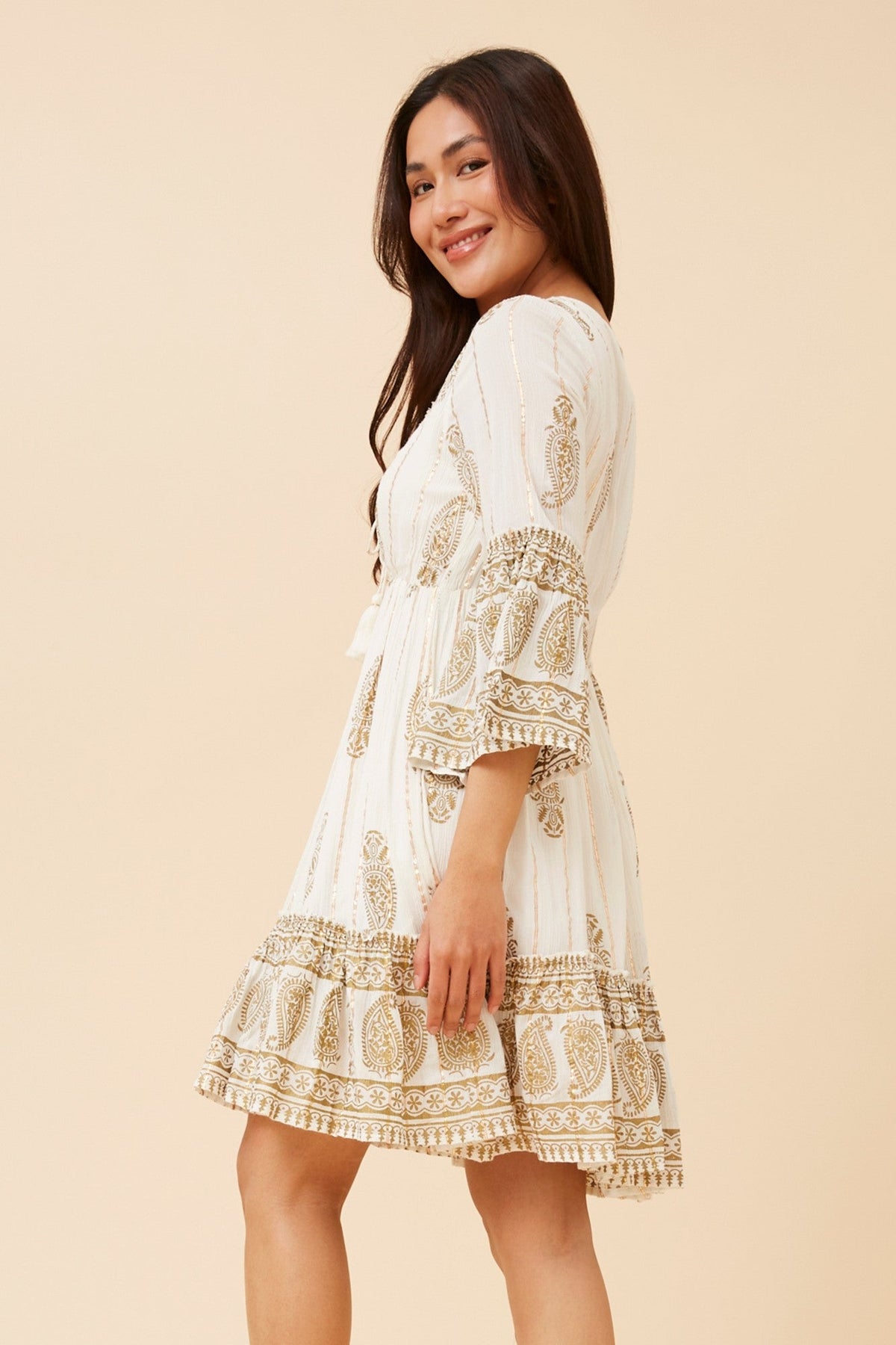 MYSTIC MONSOON GEETA FOIL PRINT DRESS (White)
