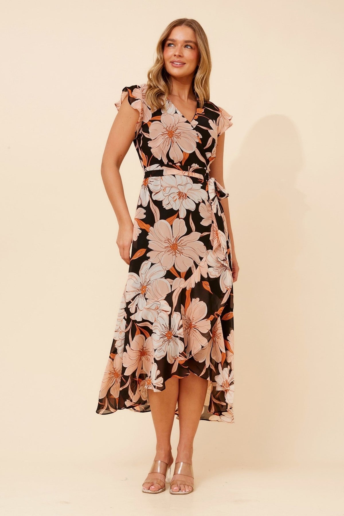 Image of Dresses. Product name - ANNEKA FLORAL WRAP DRESS in Multi Black colour by brand - Stella