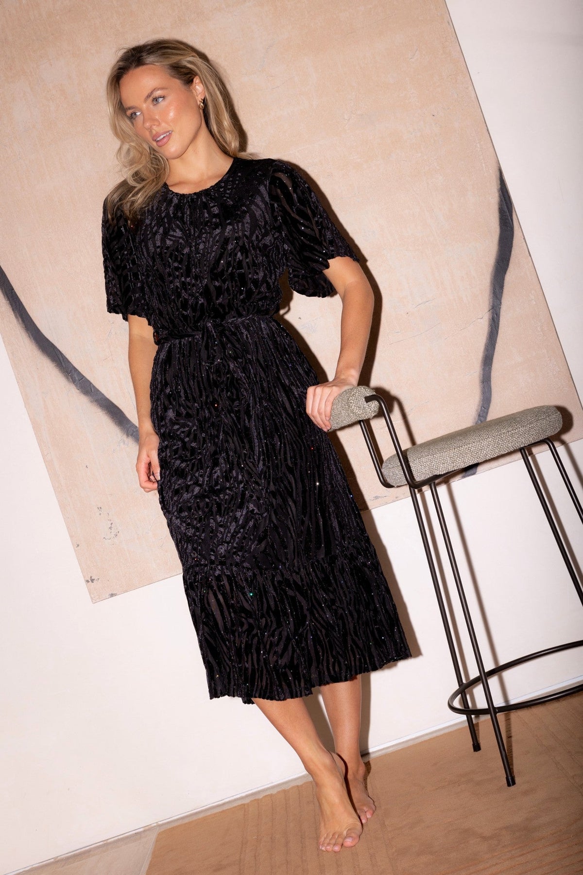 Image of Dresses. Product name - EARTHA FLOCKING PRINT DRESS in Black colour by brand - Stella