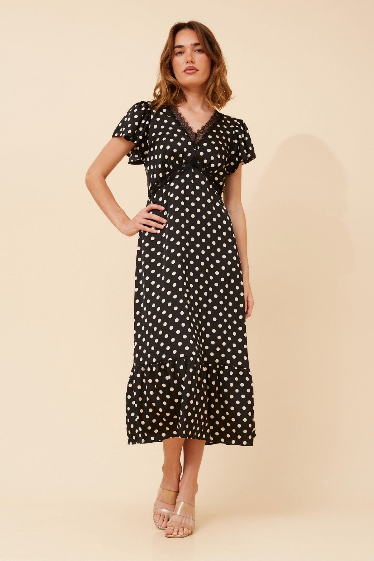 Image of Dresses. Product name - AVEN POLKA DOT MIDI DRESS in Black colour by brand - Stella