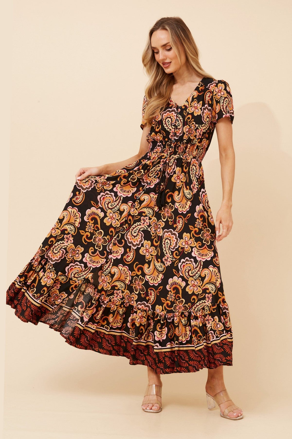Image of Dresses. Product name - MIA BORDER PRINT MAXI DRESS in Black colour by brand - Stella