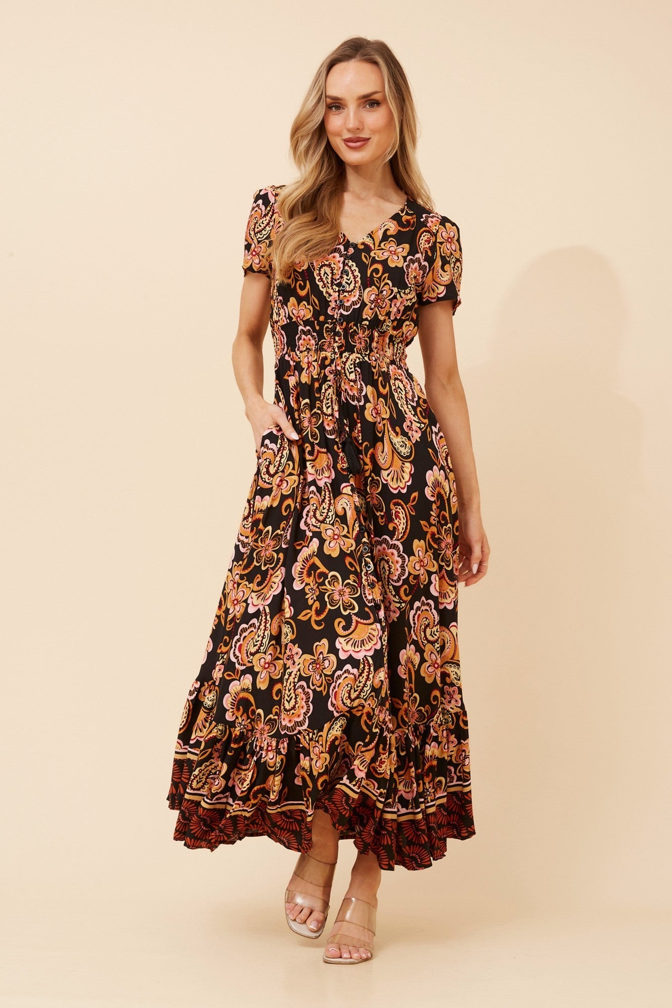 MIA BORDER PRINT MAXI DRESS (Black)