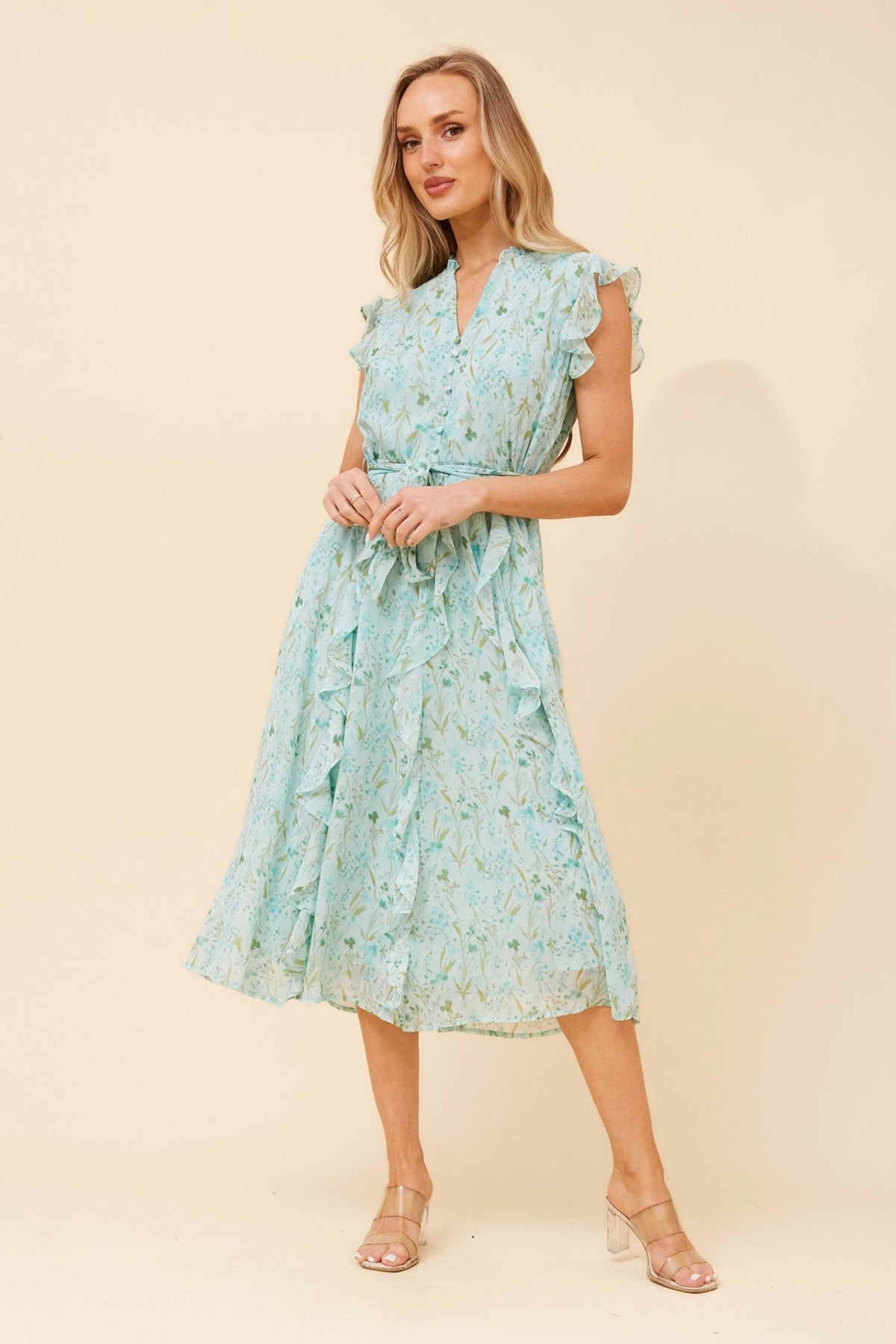 Image of Dresses. Product name - ULVA FLORAL MIDI DRESS in Mint colour by brand - Stella