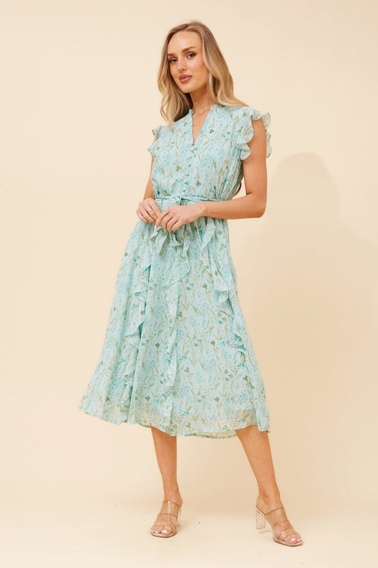 Image of Dresses. Product name - ULVA FLORAL MIDI DRESS in Mint colour by brand - Stella