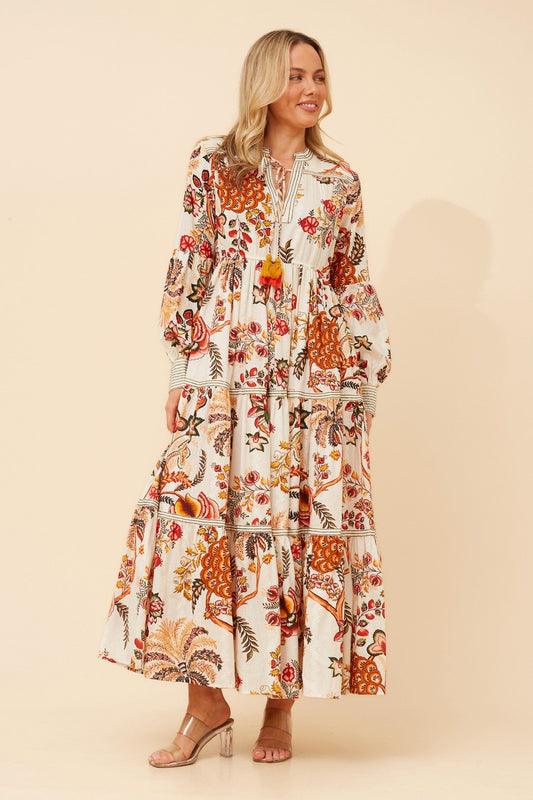 Image of Dresses. Product name - KAMYA FLORAL MAXI DRESS in Multi White colour by brand - MYSTIC MONSOON
