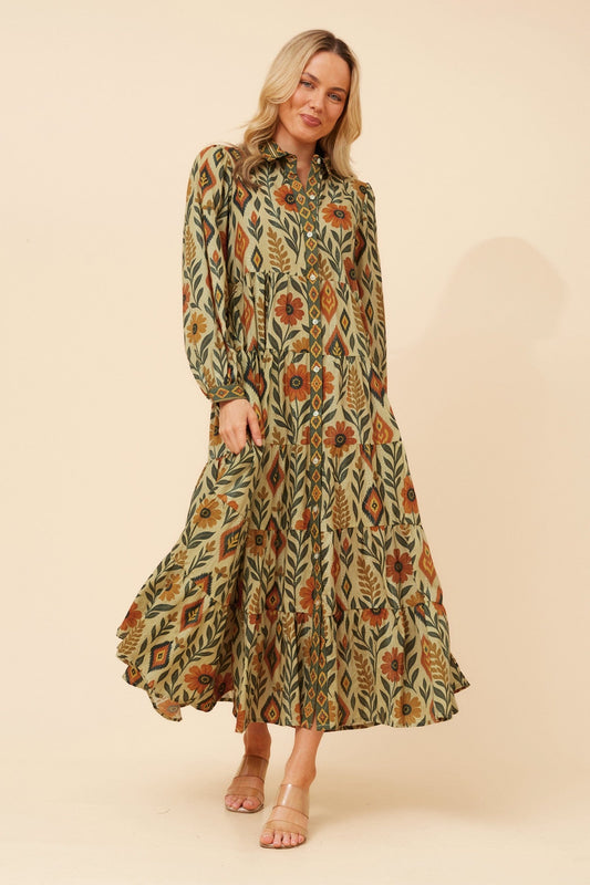 Image of Dresses. Product name - MEERA FLORAL MAXI DRESS in Multi Green colour by brand - MYSTIC MONSOON