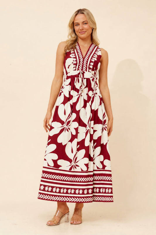Image of Dresses. Product name - MARA BORDER PRINT MAXI DRESS in Rich Red colour by brand - Stella