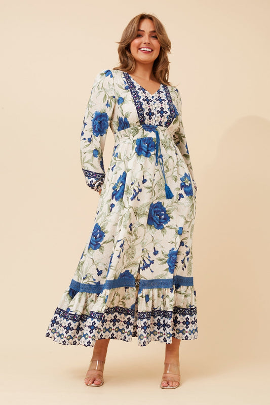 Image of Dresses. Product name - WESLIE BORDER PRINT MAXI DRESS in Multi Blue colour by brand - Caroline Morgan Australia