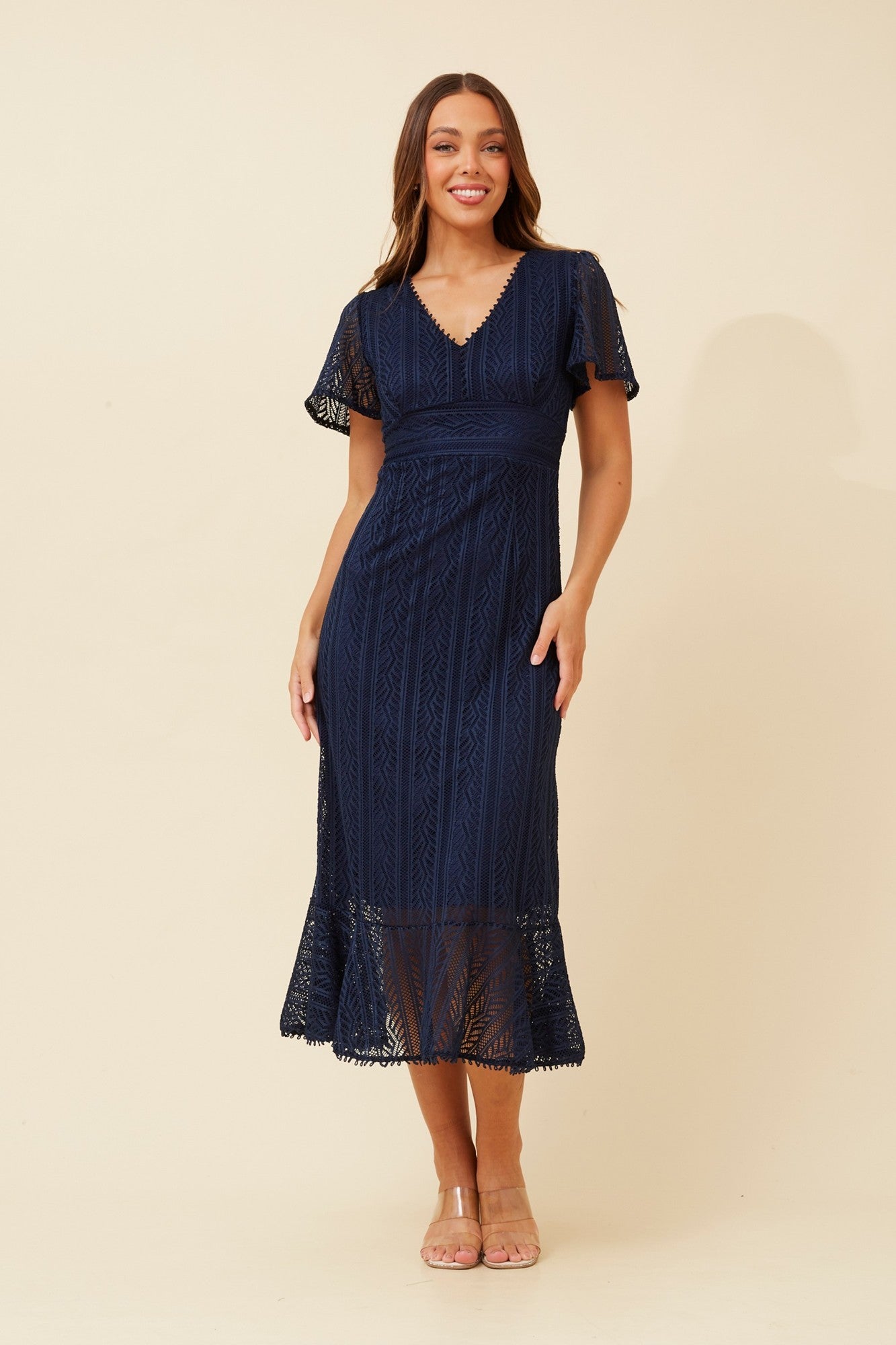 Image of Dresses. Product name - GODIVA LACE MIDI DRESS in Black colour by brand - Caroline Morgan Australia