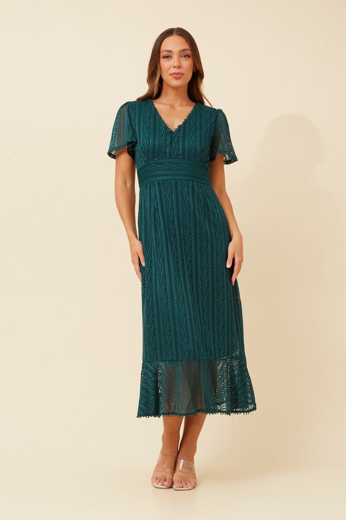 Image of Dresses. Product name - GODIVA LACE MIDI DRESS in Emerald colour by brand - Caroline Morgan Australia