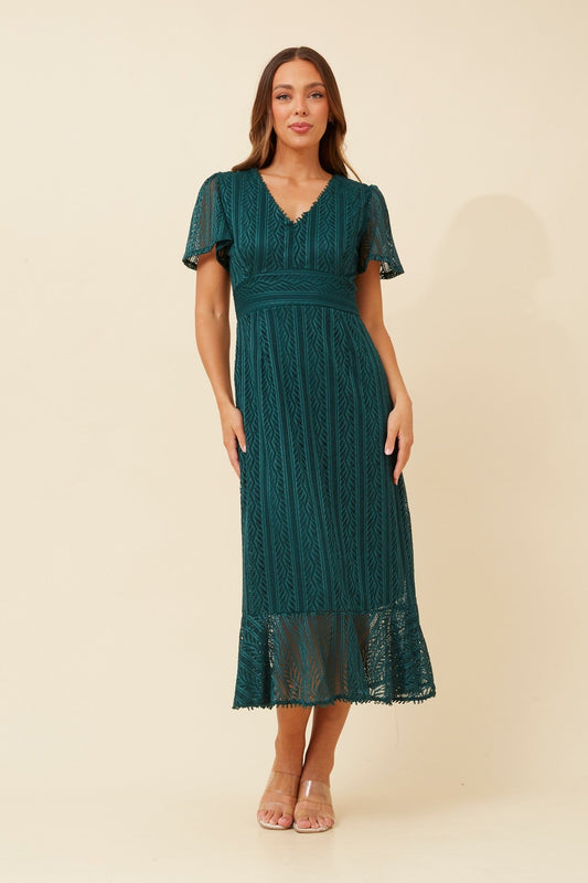 Image of Dresses. Product name - GODIVA LACE MIDI DRESS in Emerald colour by brand - Caroline Morgan Australia