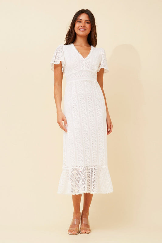 Image of Dresses. Product name - GODIVA LACE MIDI DRESS in White colour by brand - Caroline Morgan Australia