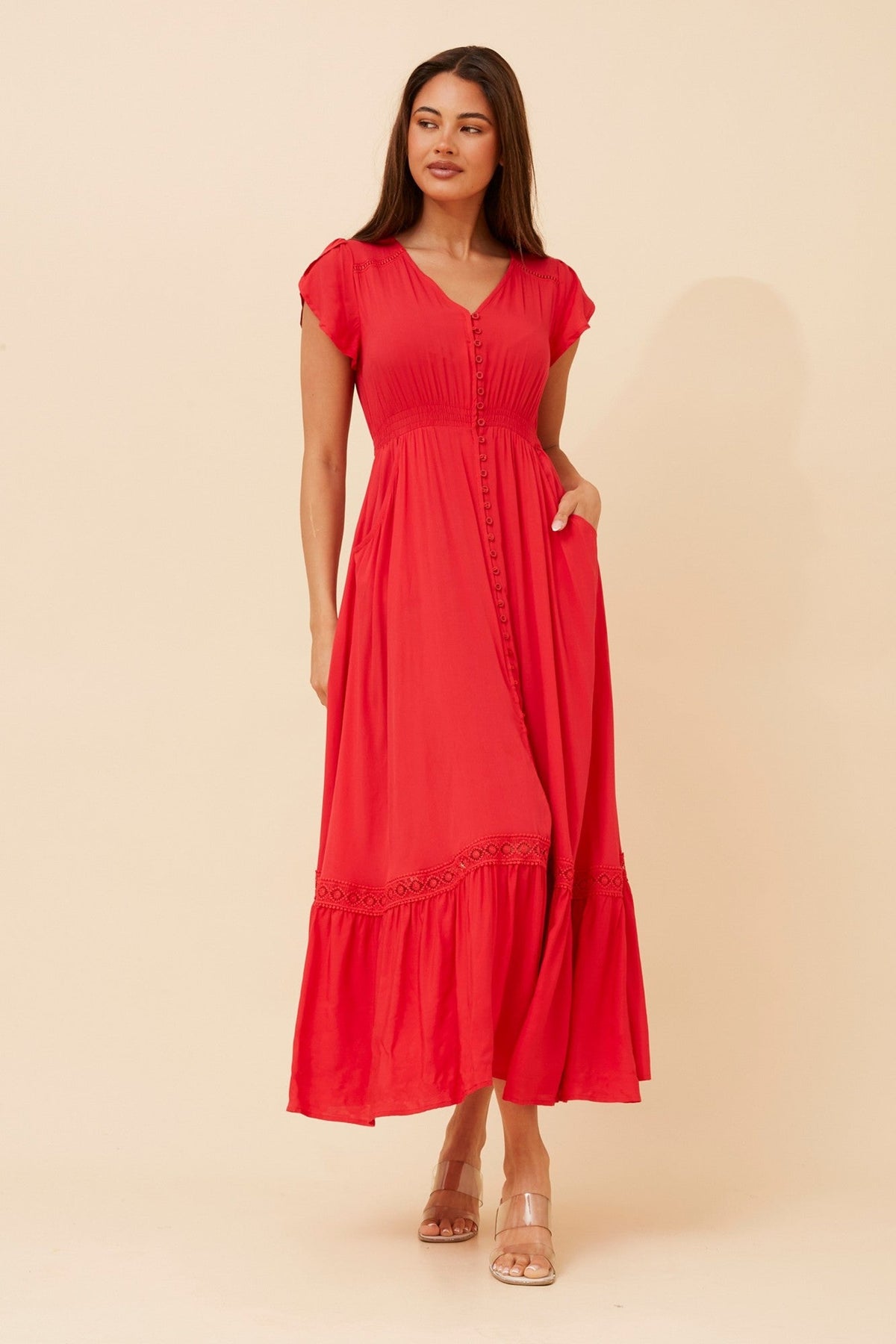 Image of Dresses. Product name - MOROCCO MAXI DRESS in Red colour by brand - Caroline Morgan Australia