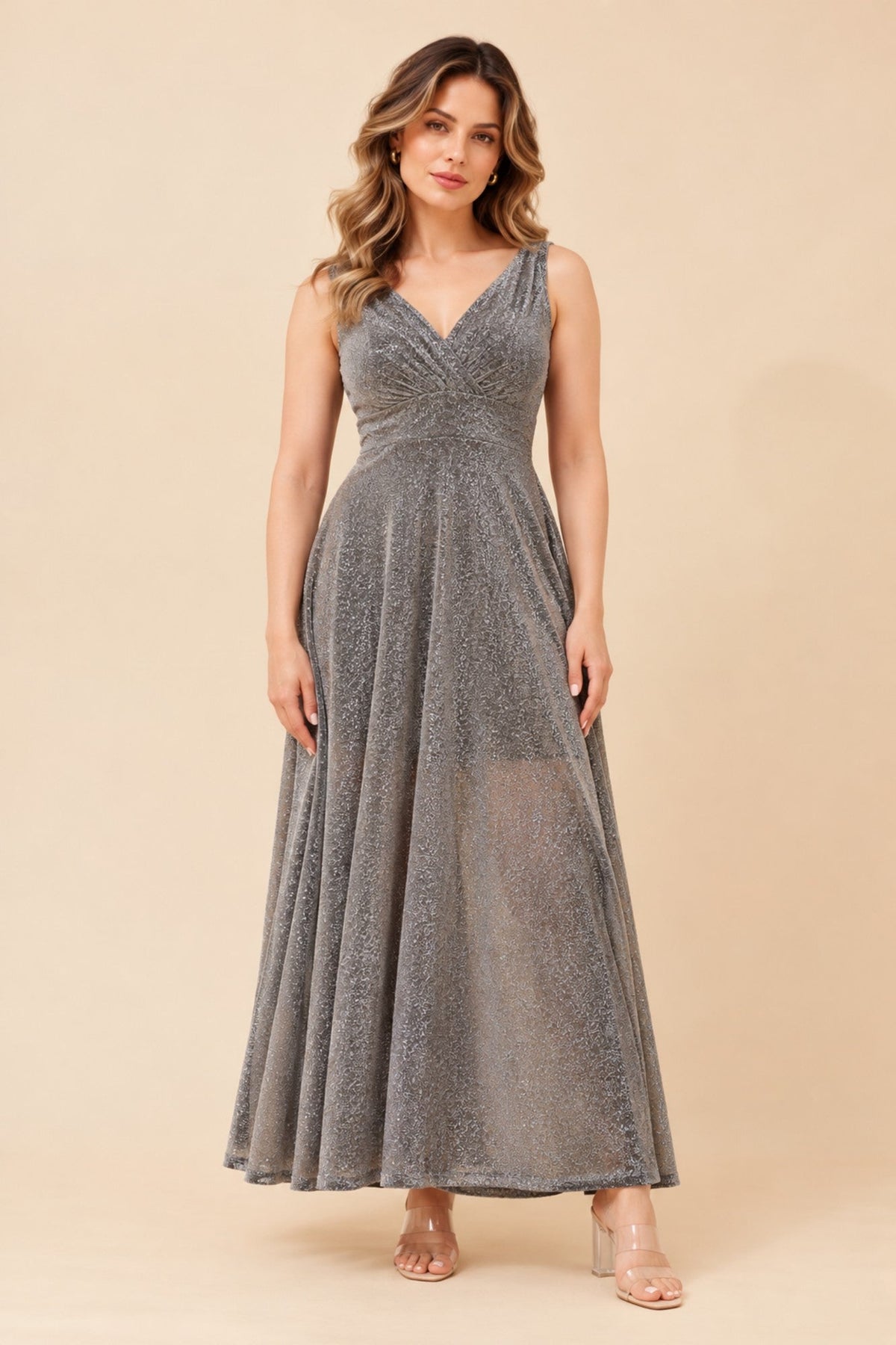 Image of Dresses. Product name - PARIS GLITTER MAXI DRESS in Blush colour by brand - Caroline Morgan Australia