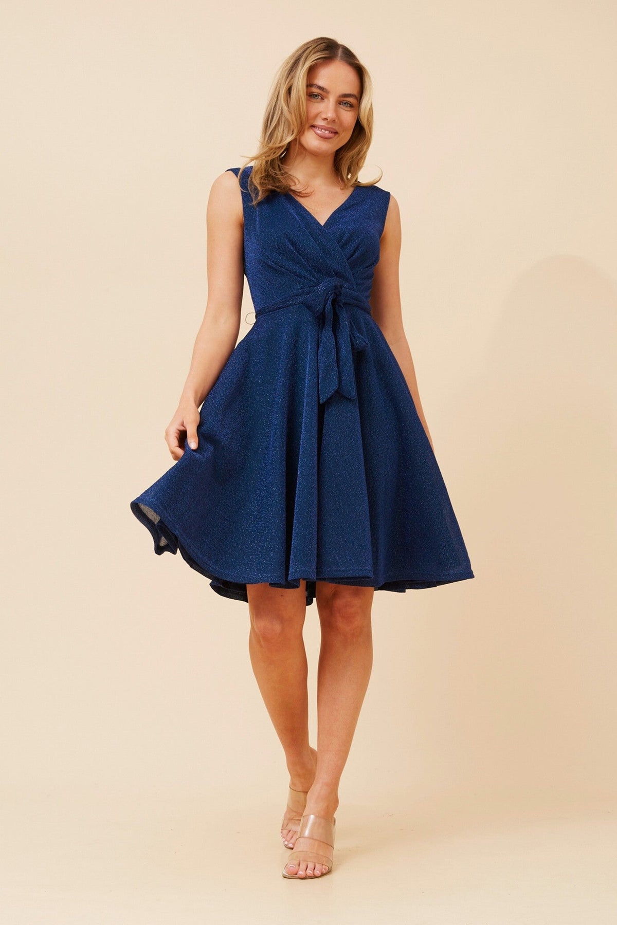 Image of Dresses. Product name - ANDI GLITTER SHORT DRESS in Emerald colour by brand - Caroline Morgan Australia
