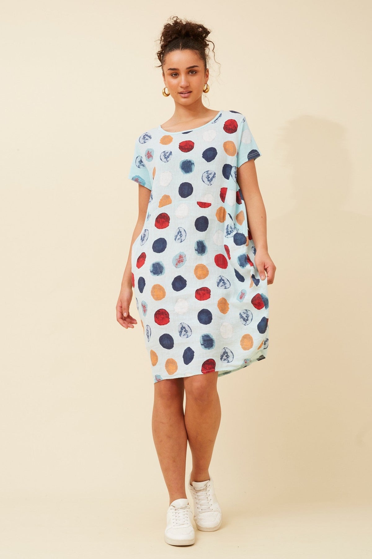Image of Dresses. Product name - MESSINA POLKA DOT LINEN DRESS in Aqua colour by brand - BOTTEGA MODA