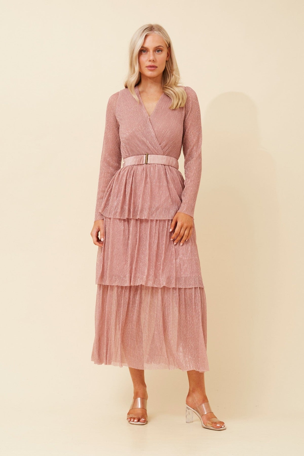 Image of Dresses. Product name - ANTONIA GLITTER MAXI DRESS in Dusty Pink colour by brand - Caroline Morgan Australia