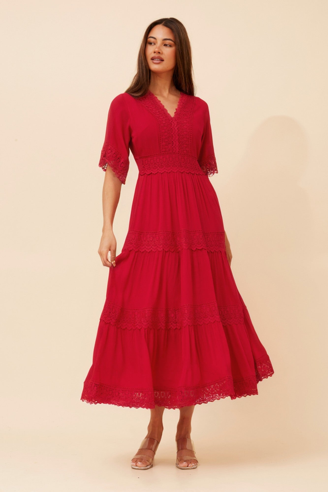 Image of Dresses. Product name - BYRON LACE MAXI DRESS in Jade colour by brand - Caroline Morgan Australia