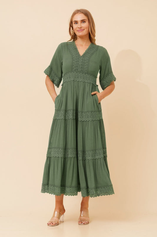 Image of Dresses. Product name - BYRON LACE MAXI DRESS in Khaki colour by brand - Caroline Morgan Australia