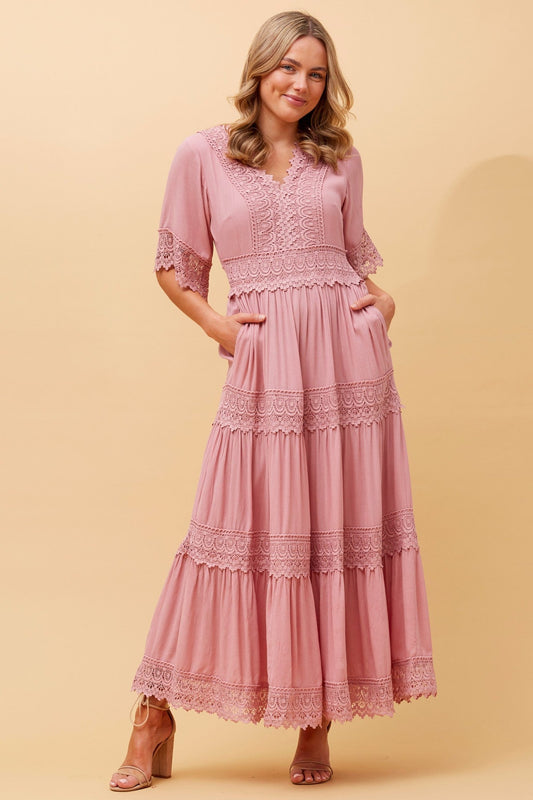 Image of Dresses. Product name - BYRON LACE MAXI DRESS in Musk Pink colour by brand - Caroline Morgan Australia