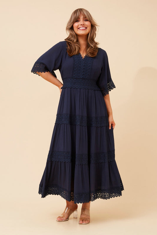 Image of Dresses. Product name - BYRON LACE MAXI DRESS in Navy colour by brand - Caroline Morgan Australia