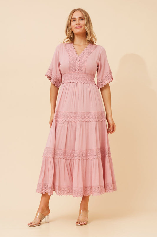 Image of Dresses. Product name - BYRON LACE MAXI DRESS in Rosewater colour by brand - Caroline Morgan Australia