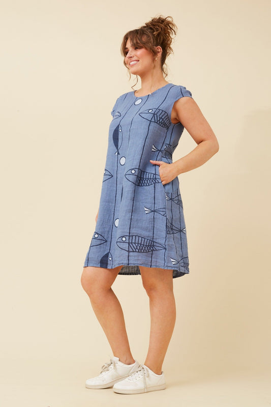 RIMINI LINEN SHIFT DRESS (White/Navy)