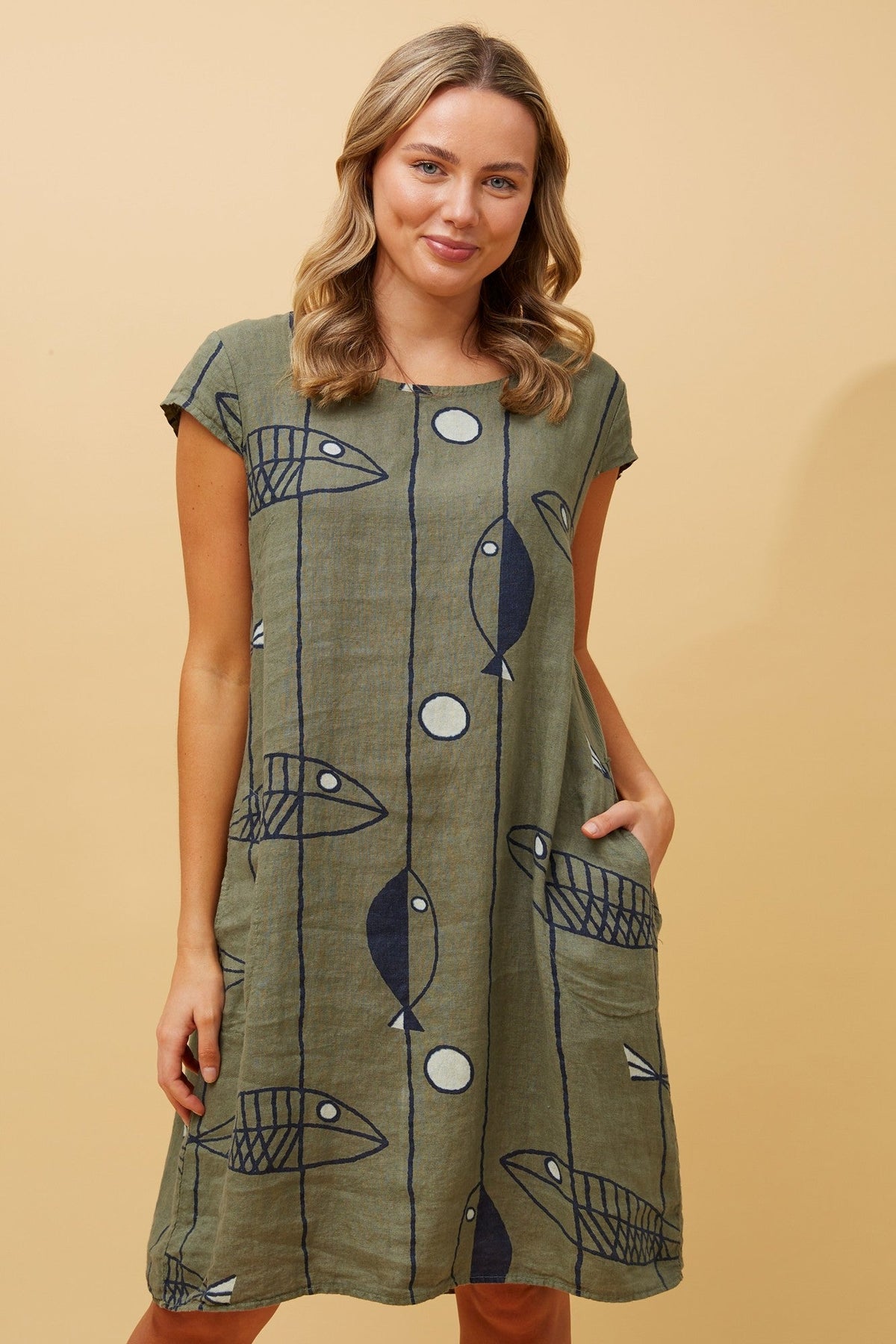 RIMINI LINEN SHIFT DRESS (White/Navy)