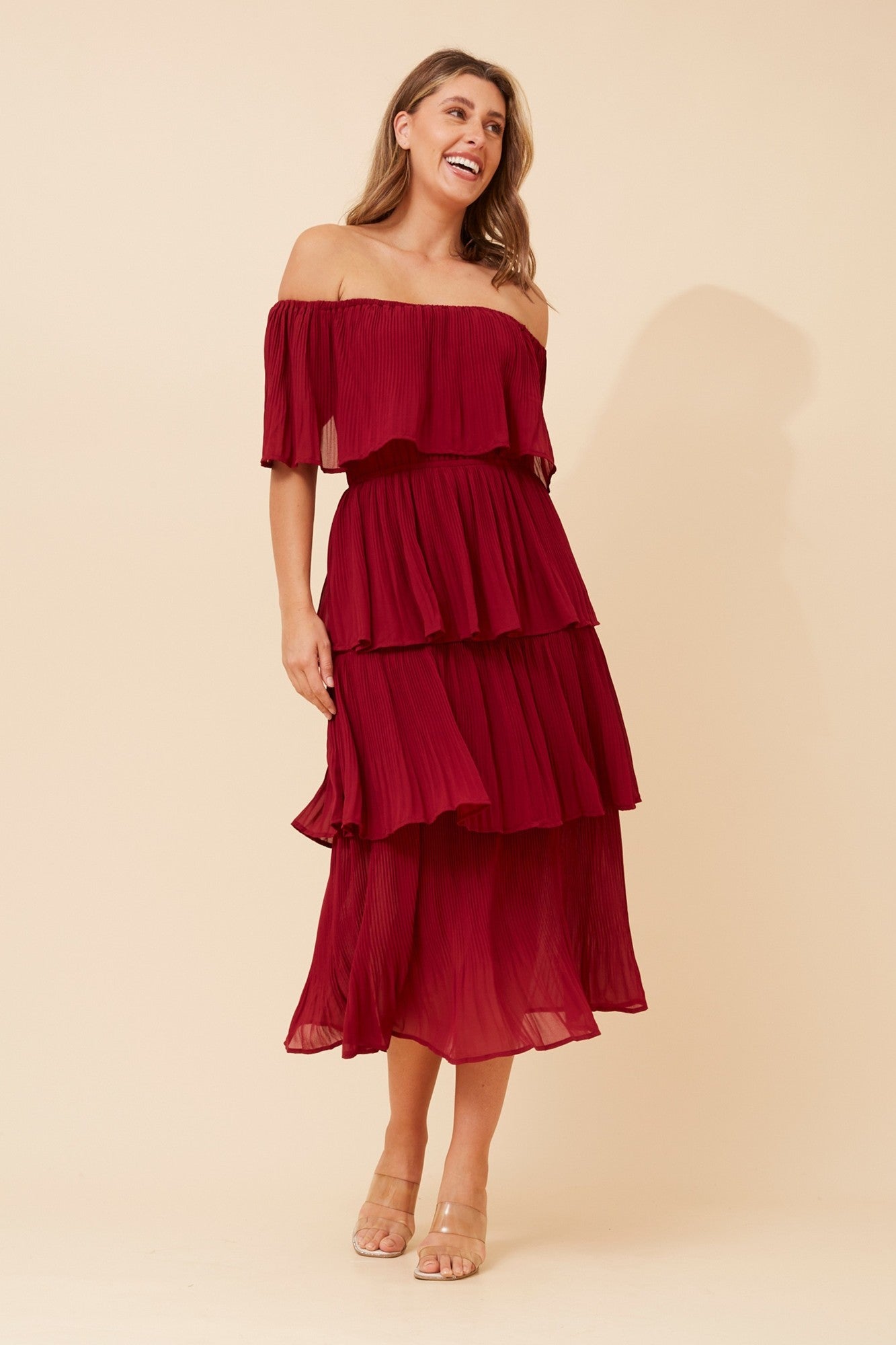Image of Dresses. Product name - SAMARA OFF SHOULDER DRESS in Navy colour by brand - Caroline Morgan Australia
