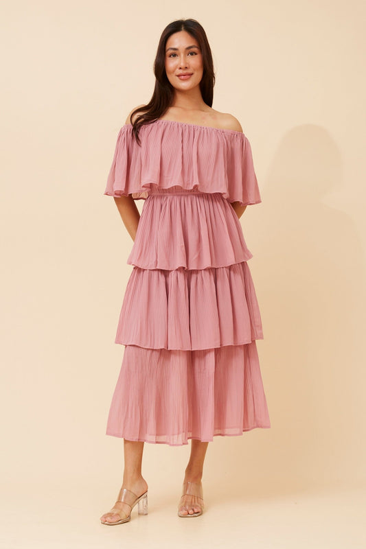 Image of Dresses. Product name - SAMARA OFF SHOULDER DRESS in Rosewater colour by brand - Caroline Morgan Australia