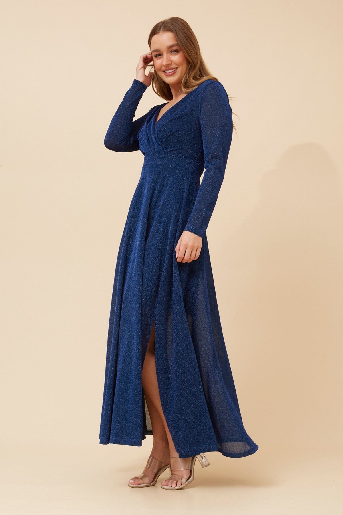 Image of Dresses. Product name - DREA MAXI GLITTER DRESS in Black colour by brand - Caroline Morgan Australia