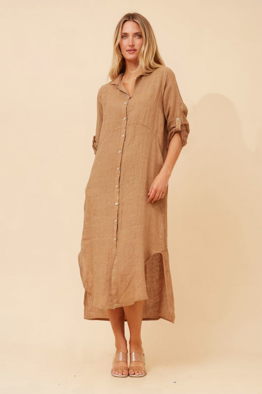 Image of Dresses. Product name - KIMMY LINEN SHIRT DRESS in Cobalt Blue colour by brand - BOTTEGA MODA