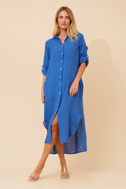 KIMMY LINEN SHIRT DRESS (Cobalt Blue)