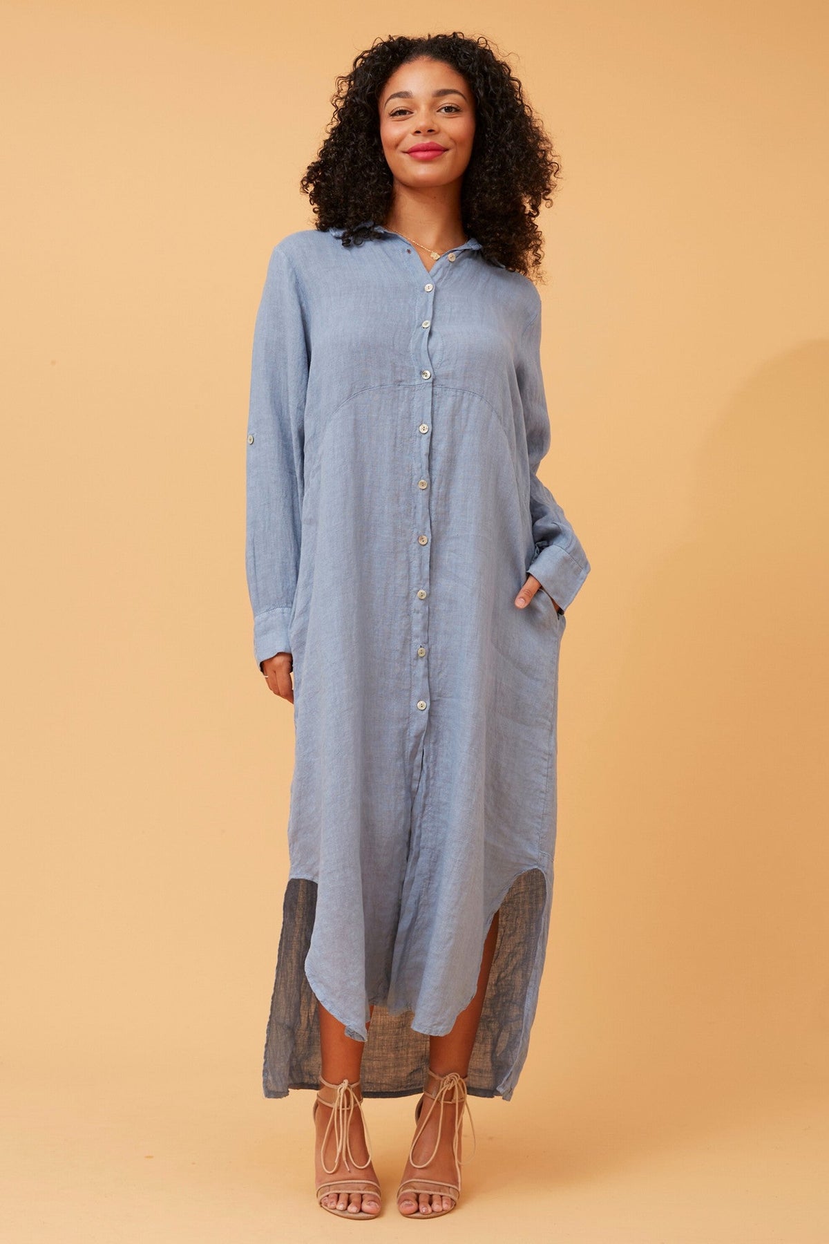 Image of Dresses. Product name - KIMMY LINEN SHIRT DRESS in Jeans colour by brand - BOTTEGA MODA