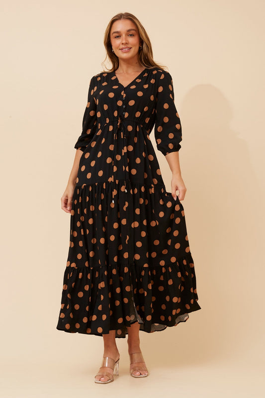 Image of Dresses. Product name - RAELA POLKA DOT PRINT MAXI DRESS in Black colour by brand - Caroline Morgan Australia
