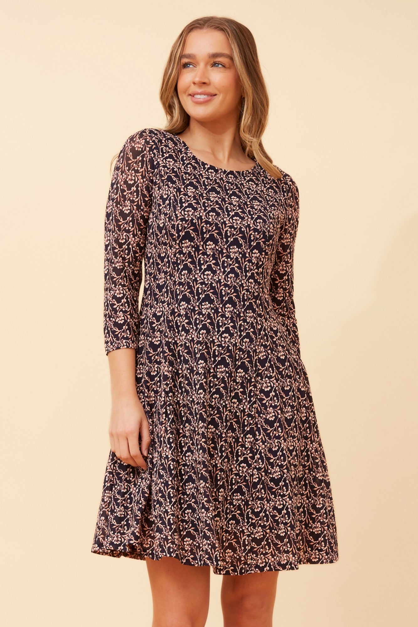 Image of Dresses. Product name - CAMILA FLORAL DRESS in Navy colour by brand - Caroline Morgan Australia