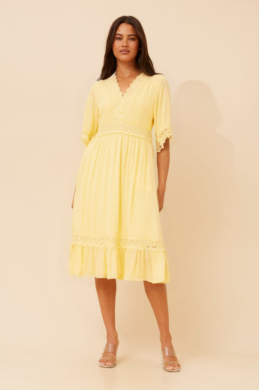 Image of Dresses. Product name - NAYLA LACE MIDI DRESS in Black colour by brand - Caroline Morgan Australia
