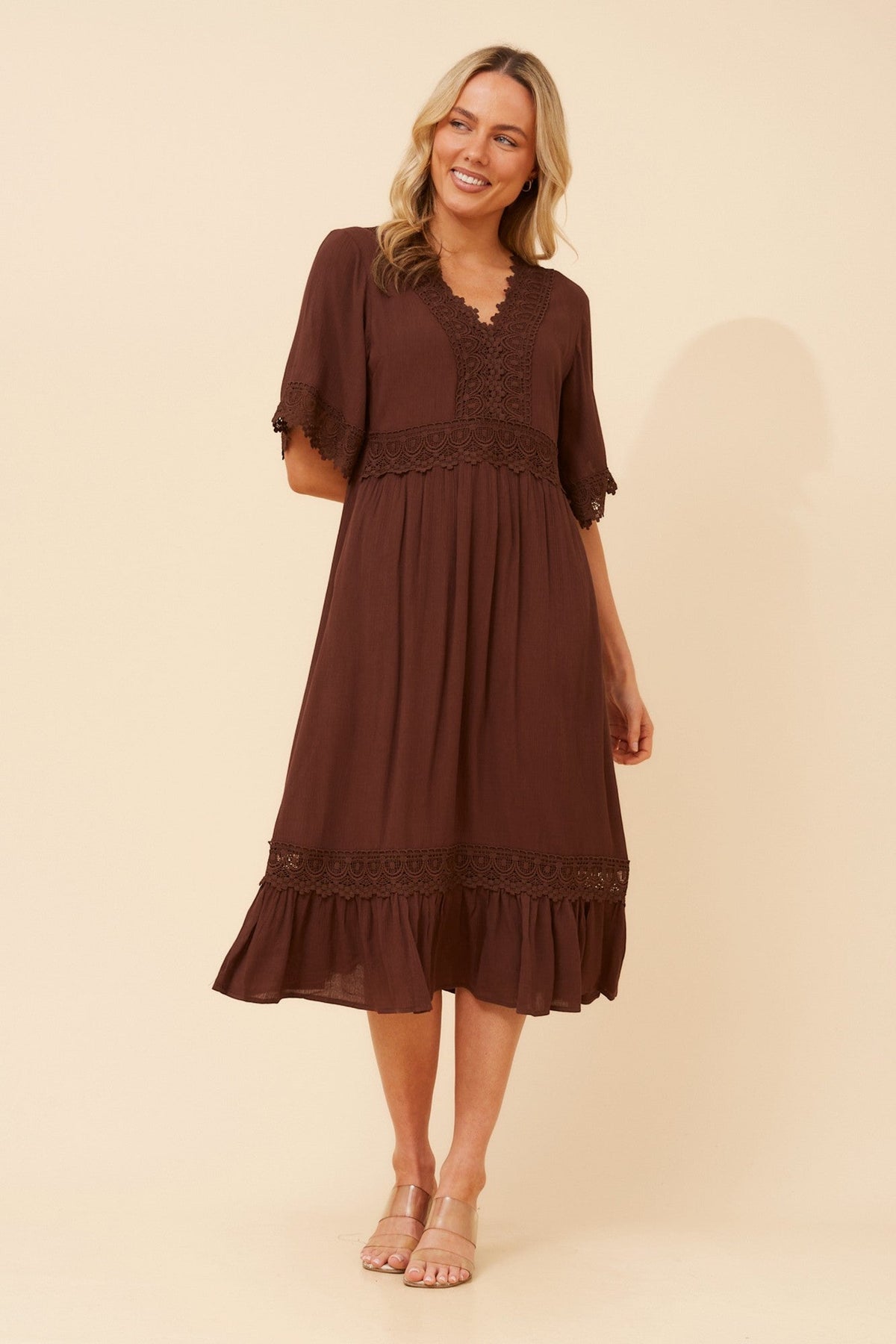 Image of Dresses. Product name - NAYLA LACE MIDI DRESS in Bitter Chocolate colour by brand - Caroline Morgan Australia