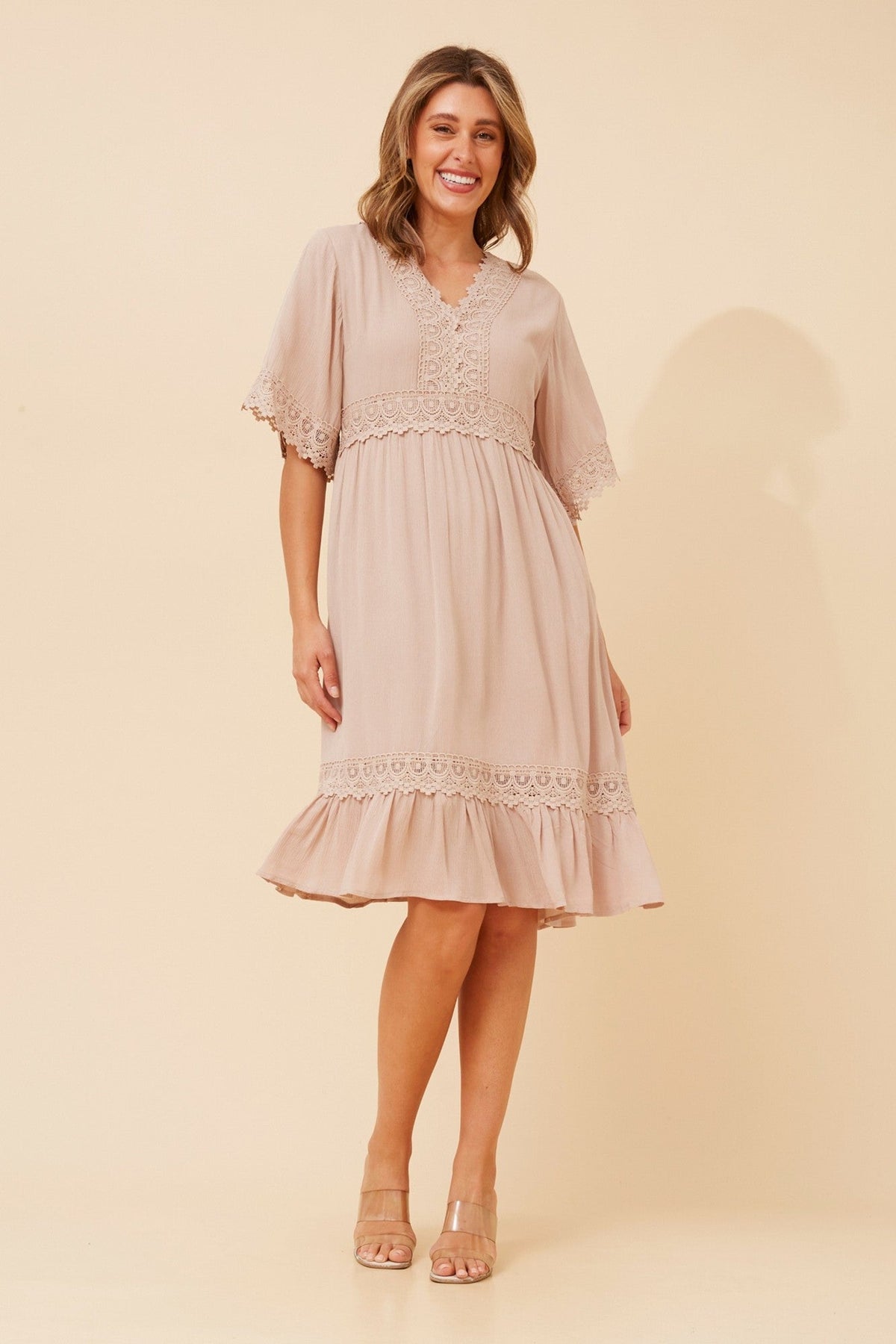 Image of Dresses. Product name - NAYLA LACE MIDI DRESS in Black colour by brand - Caroline Morgan Australia