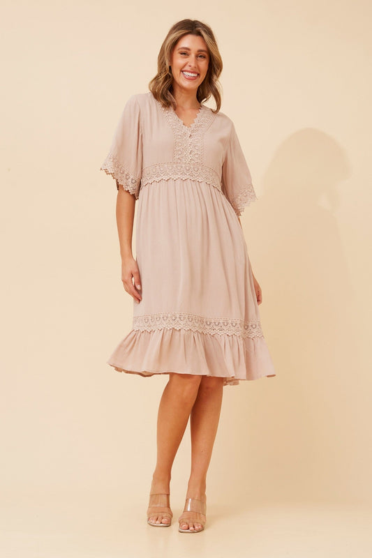 Image of Dresses. Product name - NAYLA LACE MIDI DRESS in Black colour by brand - Caroline Morgan Australia
