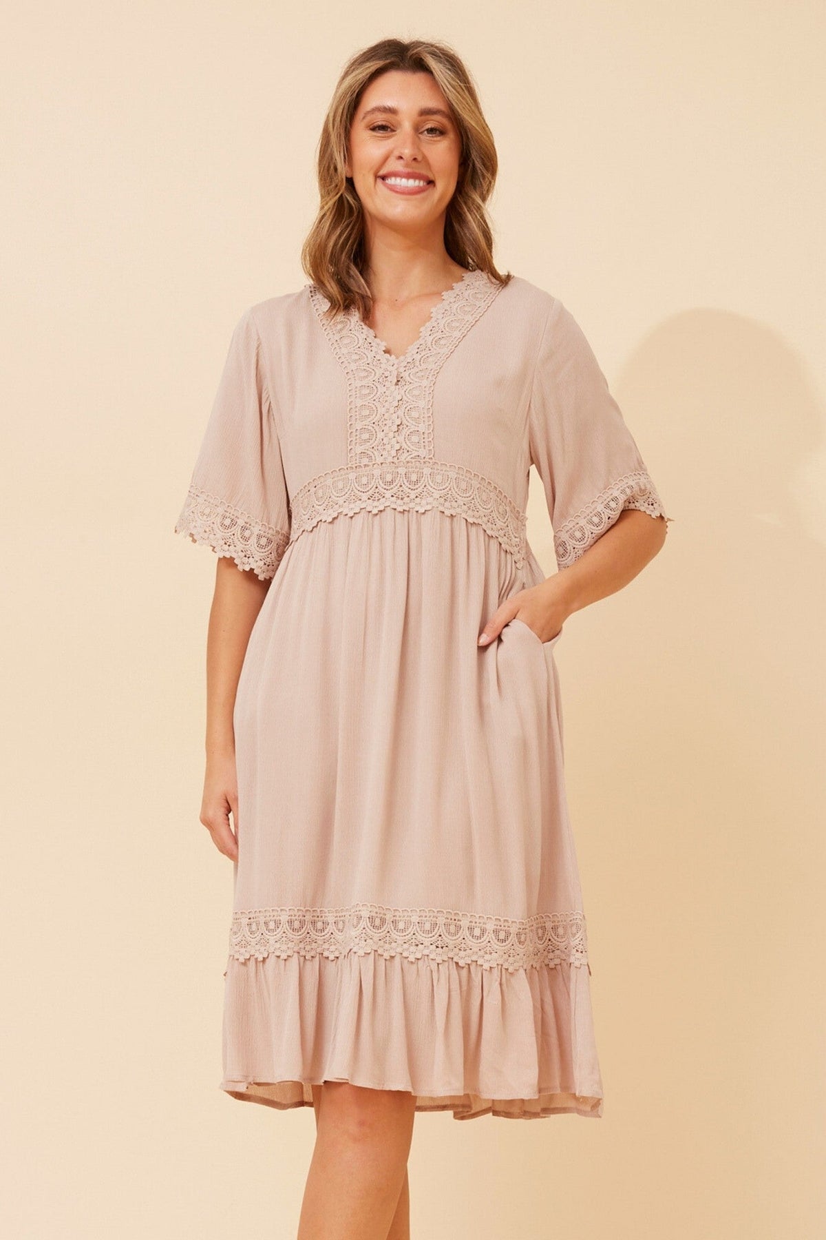 Caroline Morgan Australia NAYLA LACE MIDI DRESS (Clay)