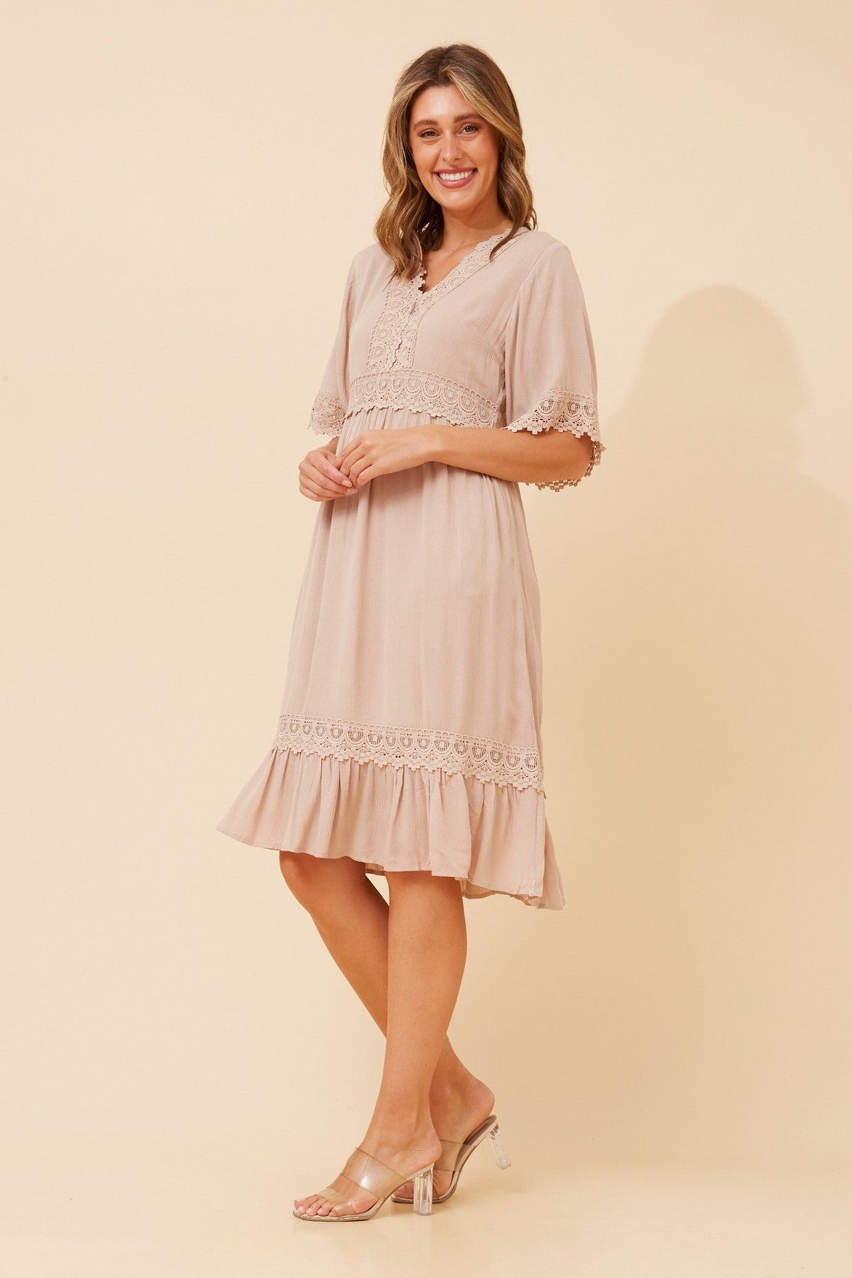 Caroline Morgan Australia NAYLA LACE MIDI DRESS (Clay)