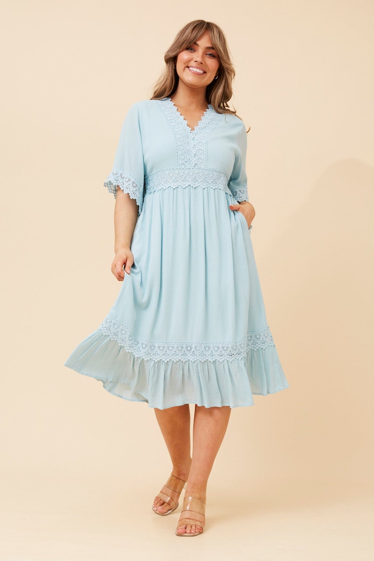 Image of Dresses. Product name - NAYLA LACE MIDI DRESS in Light Blue colour by brand - Caroline Morgan Australia