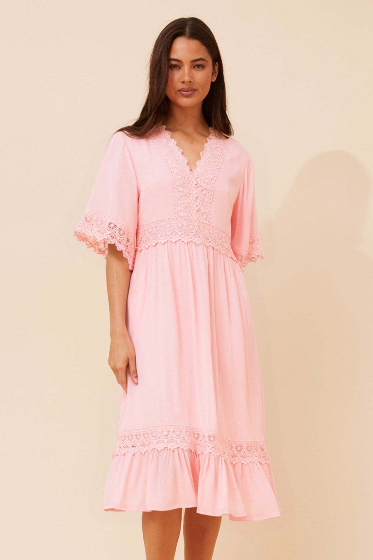 Image of Dresses. Product name - NAYLA LACE MIDI DRESS in Pink colour by brand - Caroline Morgan Australia
